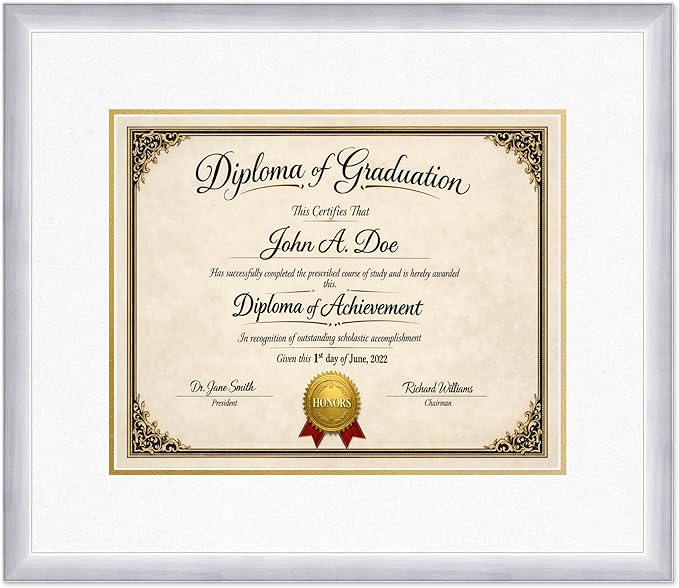 Diploma Frame Stainless Silver with Oyster Shell Over Gold Double Mat - Fits 15 x 12 Military/Government Wall Display Made in the USA