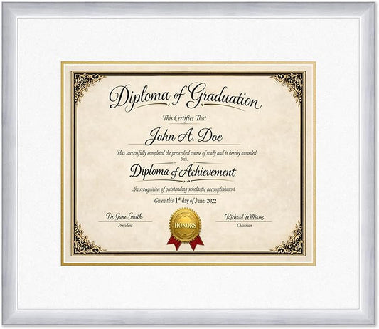 Diploma Frame Stainless Silver with Oyster Shell Over Gold Double Mat - Fits 15 x 12 Military/Government Wall Display Made in the USA