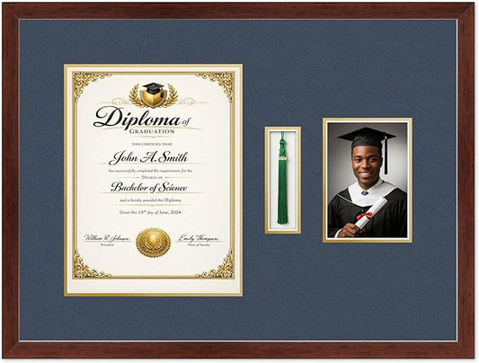 CountryArtHouse Diploma Tassel and Photo Shadowbox Fits 10 x 13 College Diploma (Portrait Traditional Rustic Walnut Genuine Hardwood with Navy Blue Over Metallic Gold Double mat