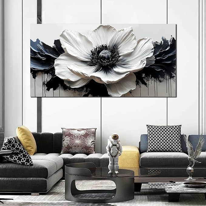 Black and White Flower Wall Art for Bedroom - Large Canvas Wall Art Living Room - Floral Wall Decor for Teen Girls Size 29" x 59"