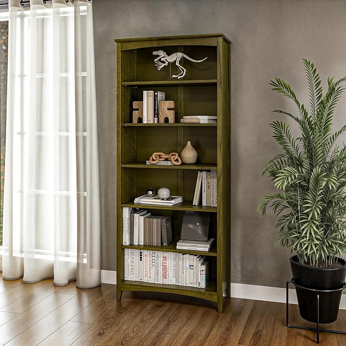 Camaflexi Shaker Style 6 Shelf Bookcase/Solid Wood / 72" High/Adjustable Shelving/Closed Back/Display Bookshelf for Living Room, Bedroom, Home and Office, Olive Grove Green