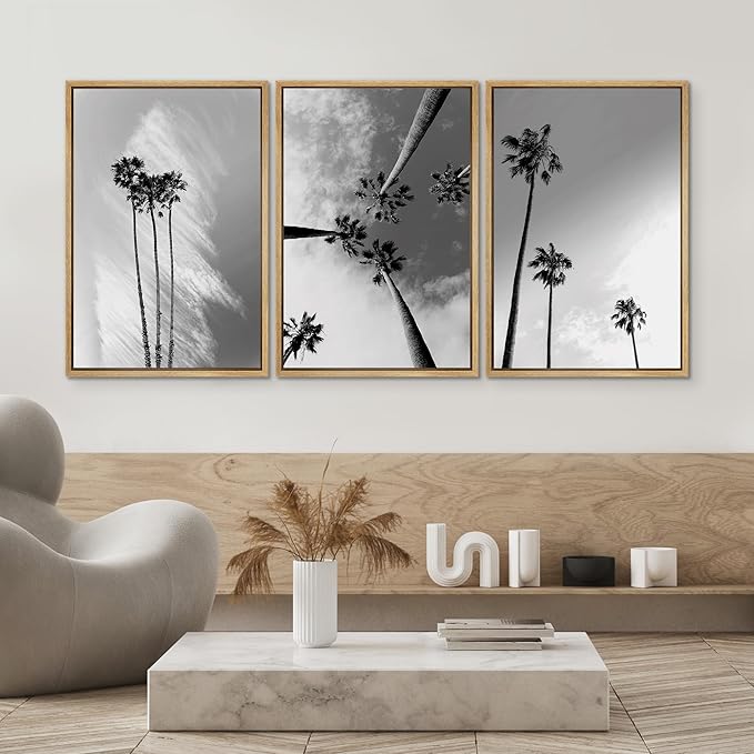 SIGNWIN 3 Piece Framed Canvas Wall Art Black and White Palm Tree Canvas Prints Home Artwork Decoration for Living Room,Bedroom - 16"x24"x3 Natural