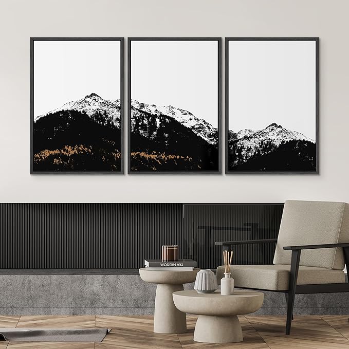 SIGNWIN 3 Piece Framed Canvas Wall Art Black and White Mountain Tops Photo Nature Wilderness Illustrations Abstract Traditional Home Artwork Decoration for Living Room,Bedroom - 24"x36"x3 Black