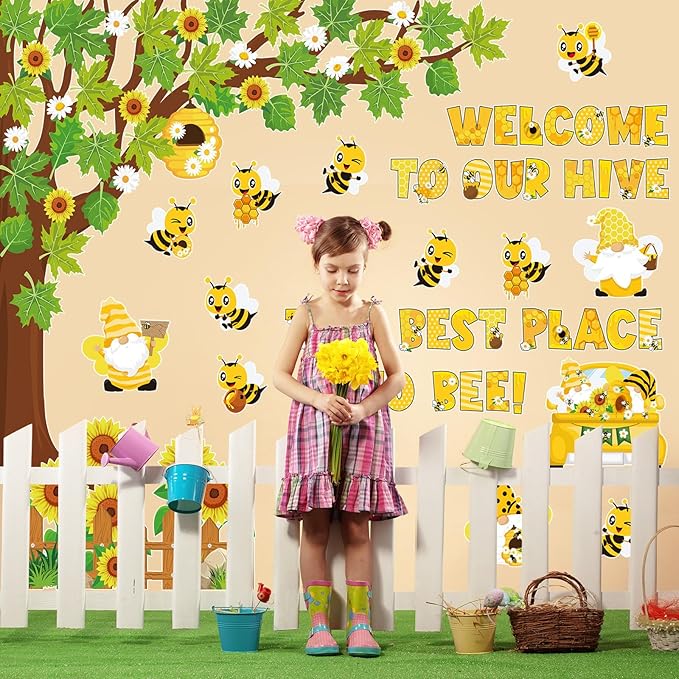 Pajean 104 Pcs Classroom Tree Bulletin Board Set Bee Sunflower Bulletin Boards Decoration Cutouts Spring Summer Tree Leaves Cutout for Classroom Window Wall Home Office School Decor