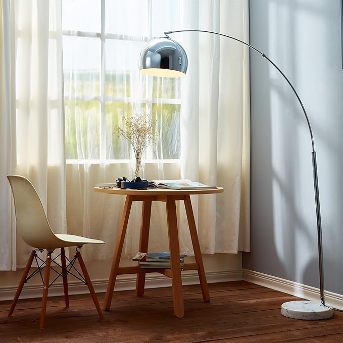 Teamson Home Arquer 68.1" Arc Floor Lamp for Living Rooms, Home Offices, Dining Rooms, Bedrooms with Faux White Marble Base and Chrome Bell Shade