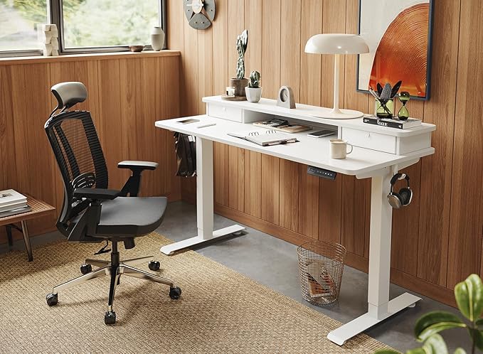 FEZIBO 40 x 24 Inch Height Adjustable Electric Standing Desk with Double Drawer, Computer Desk, Home Office Stand Up Table with 4 Height-Adjustable Feets & 2 Hooks, White