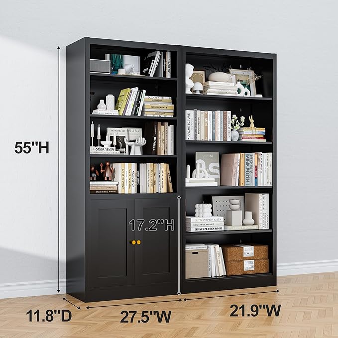 Bookshelves and Bookcases, 5 Shelf Bookcase for Home Office Library Living Room, Metal Bookcase with Adjustable Shelves. Set of 2