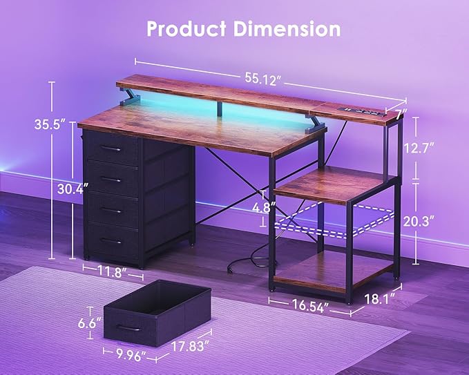 ODK 55 Inch Computer Desk with 4 Fabric Drawers & Power Outlets, Home Office Desk with Monitor Stand & Shelves, Brown