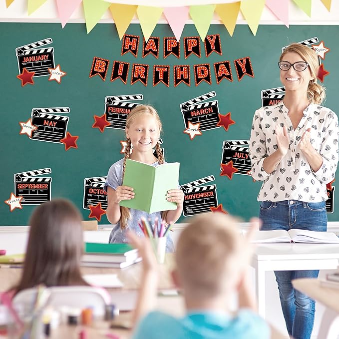 JarThenaAMCS 85Pcs Happy Birthday Bulletin Board Set Movie Night Calendar Poster Movie Stars Classroom Birthday Chart for Back to School Decorations