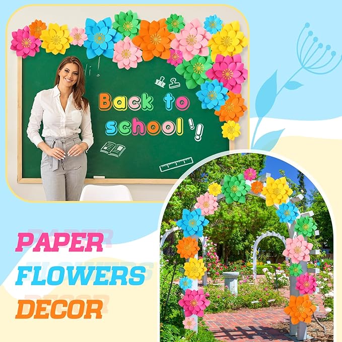 18 Pcs Paper Flowers Decor for Wall DIY Flower Bulletin Board 3D Spring Fiesta Mexican Paper Floral Decoration for Photo Backdrop Classroom Back to School Party(Lotus-Shaped,Rainbow)
