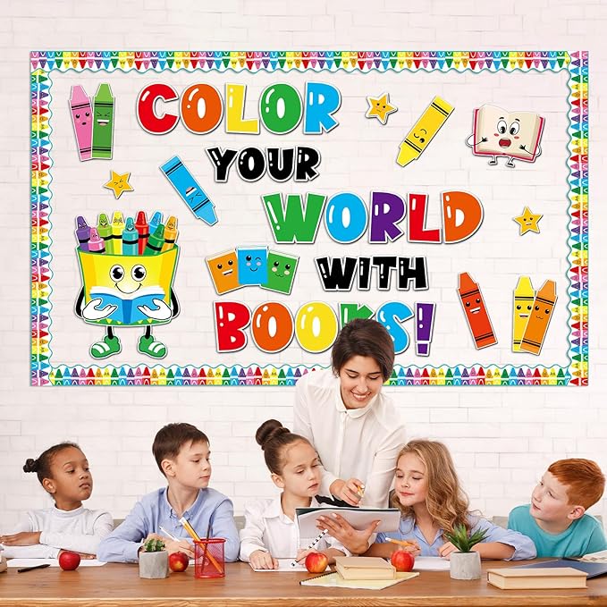 gisgfim Colorful Crayon Bulletin Board Decorations Reading Crayon Paper Cutouts Motivational Books Bulletin Board Set for Back to School Teacher Students Door Wall Chalkboard Decor Supplies