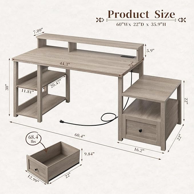 EnHomee 60.4" Farmhouse Computer Desk with Drawer & Power Outlet, Gaming Desk with LED Light, Office Desk with Monitor Stand, Study Desk, Work Desk for Home Office, Study Room, Bedroom, Ash Gray