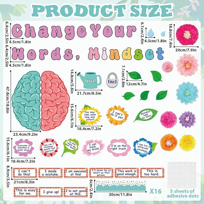 Growth Mindset Bulletin Board Decoration Flower Change Your Words Spring Brain Bulletin Board Set Cutouts with 3D Tissue Paper Pompoms Positive Sayings Posters Decor for Back to School Supplies