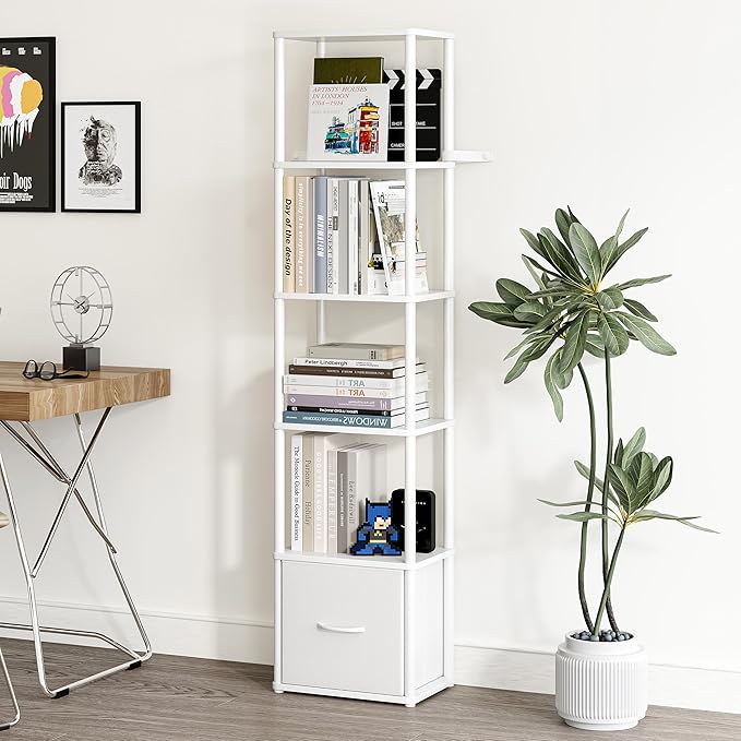 6-Tier Bookshelf Organizer, Narrow Bookcase,Tall Skinny Bookshelves, Standing Ladder Shelf with Drawer, Small Book Shelf with Storage for Living Room, Bedroom, Office, Study White HBC505W