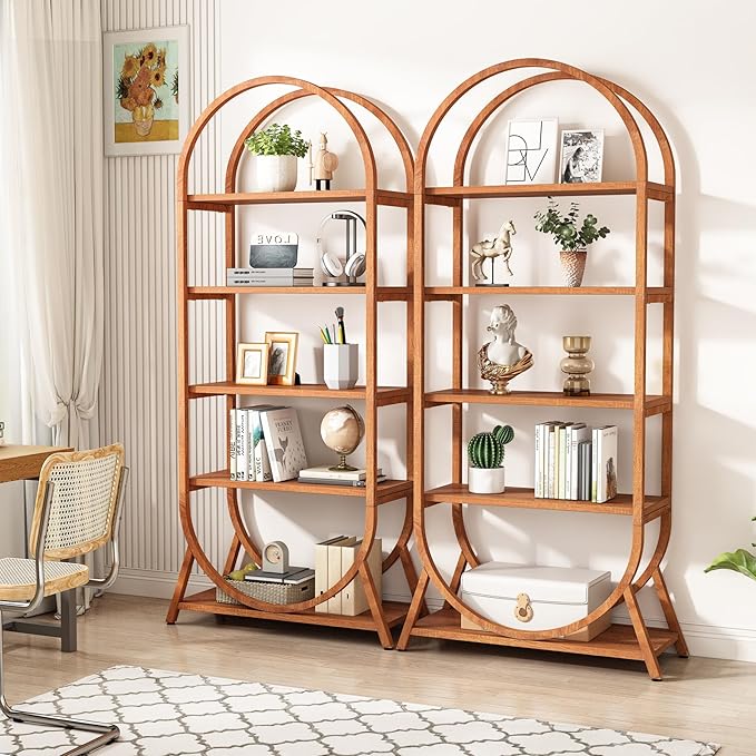 Tribesigns 5-Tier Open Bookshelf, 70.8" Tall Arched Bookcase, Modern Brown Storage Bookshelves, Freestanding Display Rack Shelving Unit for Office, Bedroom, Living Room, Easy Assembly (2PCS)