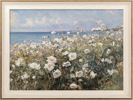 ASTRDECOR Framed Canvas Wall Art Room Decor, Vintage Landscape Wall Art for Home Decor Aesthetic Artwork, Coastal Scenery Nature Rustic Farmhouse Wall Decor for Living Room, White Wildflowers Oil Painting Pictures Bathroom Wall Decor- 12''x16''