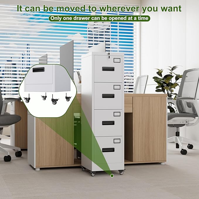 Aobabo 4 Drawer Filing Cabinet with Wheels, Lockable Metal File Cabinet with Name Card for Office and Home,Required Assembly,White