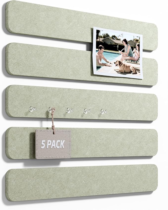Fluxynara Cork Board Alternative Felt Strip Board 5-Pack 13"x2", Office Pin Board with 35 Push Pins, Adhesive Install for Bedroom Door & Home Office(Sage)
