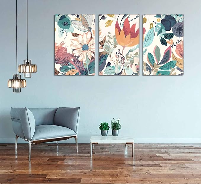 3 Pcs Boho Wild Flowers Canvas Wall Art Neutral Watercolor Boho Abstract Floral Botanical Painting Picture Wall Decor Poster Print Artwork for Living Room Bedroom Home Decoration