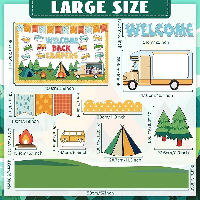 Summer Camping Bulletin Board Decorations Set Welcome Back Camper Classroom Decor Adventure Camp Themed Campfire Tent Paper Cutouts for Woodland Party Back to School Chalkboard Wall Supplies Favor