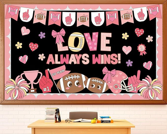 Valentine's Day Football Bulletin Board Valentine's Day Classroom Bulletin Board Pink Red Football Paper Cutouts Love Always Wins Classroom Decoration for School Home Office Chalkboard Wall Decor