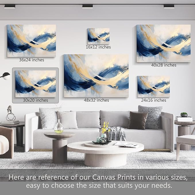 gaosoul Blue Gold Abstract Canvas Art Modern Oil Painting Giclee Print Bold Navy Azure Swirls with Metallic Gold Highlights for Living Room Home Office Decor Framed 30x20in