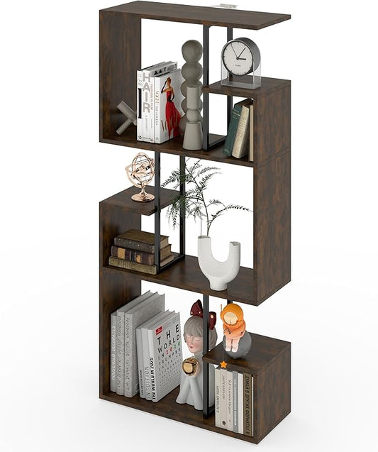 Manora 3 Tier Geometric Bookcase, S Shaped Bookshelf, Modern Bookcase with Tall Display Shelves, Decorative Storage Shelf for Living Room and Bedroom, Dark Brown