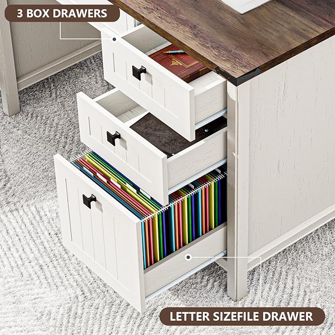 Farmhouse Executive Desk 45 inch Computer Desk with 4 Drawers, Smart Charging Station, Home Office & Study Room Essential for Remote Workers, Professionals & Students.Antique White