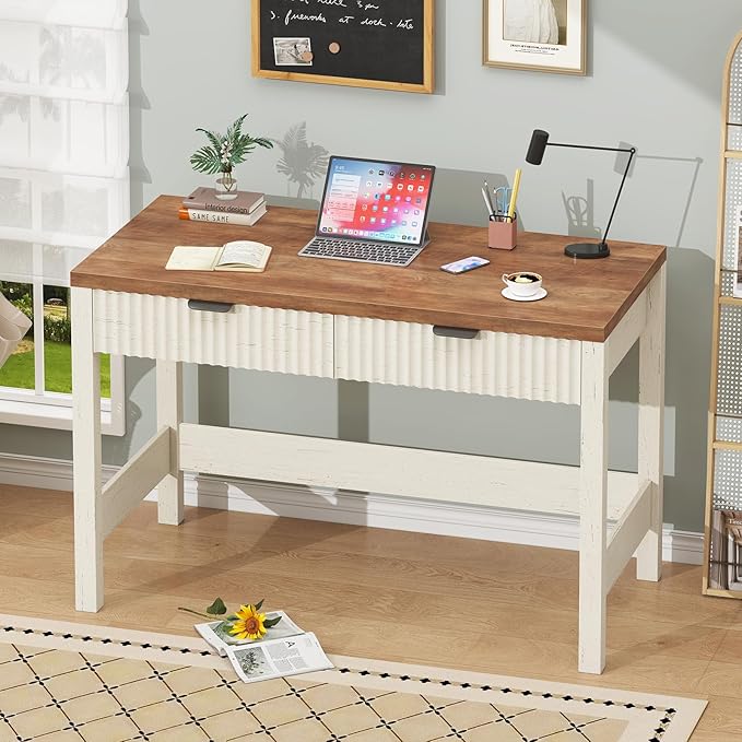 Fluted Computer Desk with 2 Drawers, 39 Inch Small Computer Desk with Storage, Compact Writing Study Vanity Desk for Small Spaces, Antique White
