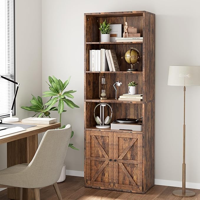 IDEALHOUSE Bookcase with Doors Industrial Bookshelf 11.8in Depth Display Storage Shelves 71.4in Tall Farmhouse Bookcases Wooden 6 Shelf Bookshelvels for Bedroom, Living Room, Home Office