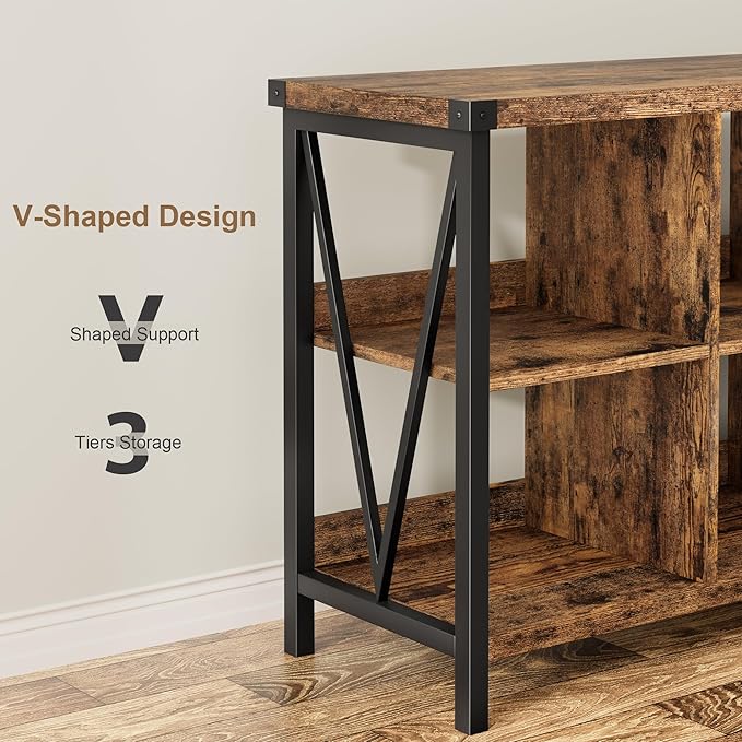 CABIHOME 62 Inch 8-Cube Storage Organizer Bookshelf, 3-Tier Metal Horizontal Bookcase, Industrial Console Bookshelf for Living Room, Entryway, or Office, Long Low Storage Shelf-Retro Brown.