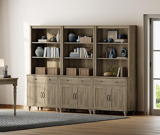 WAMPAT Wash Grey Bookcase with Drawers and Doors Set of 3, 5 Tier Bookshelf, 72'' Tall Book Case Shelf, Large Wood Bookcases Farmhouse Bookshelves for Living Room Bedroom Home Office Kitchen