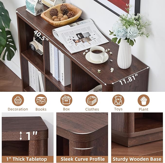 9 Cube Bookshelf, 40.5" Wide Organizer Bookcase with Curved Edge, Wood Floor Standing 3-Tier Cubby Book Shelf with Base, Vintage Display Storage Cabinet for Living Room, Home Office, Walnut