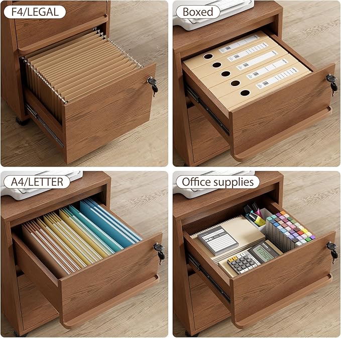 KungFuWood Wheeled Double-Drawer Filing Cabinet, Lockable Metal Filing Cabinet, Suitable for Home Offices or Storage cupboards for Storing Legal documents or Letter-Sized Files.
