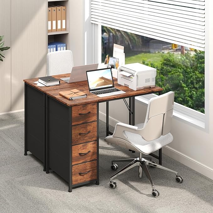 Somdot Small Computer Desk with 4 Drawers for Bedroom,39 Inch Simple Home Office Writing Desk, Study Table with Storage,Work for Home Office, Study,Living Room and Small Spaces,Wood Grain Print