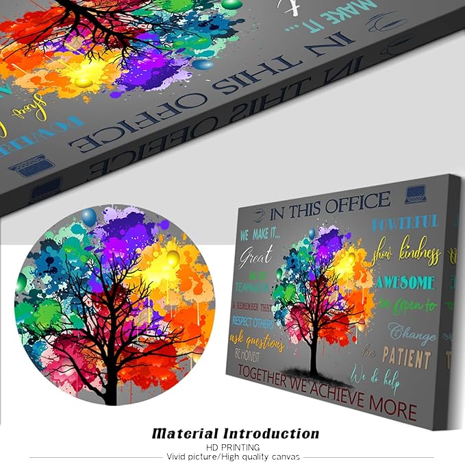 WOWGOOMO The Office Wall Art Positive Affirmations Quotes Wall Décor Colorful Tree Canvas Picture Aesthetic Room Framed Artwork for Home Office Bedroom School Classroom Consulte Decoration 12x16 Inch