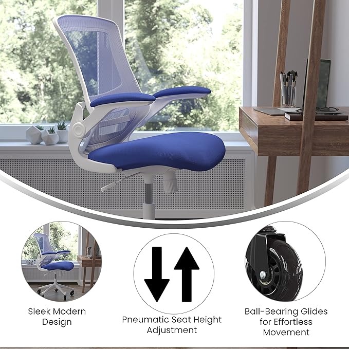 Flash Furniture Kelista Mid-Back Blue Mesh Swivel Ergonomic Task Office Chair with White Frame, Flip-Up Arms, and Transparent Roller Wheels