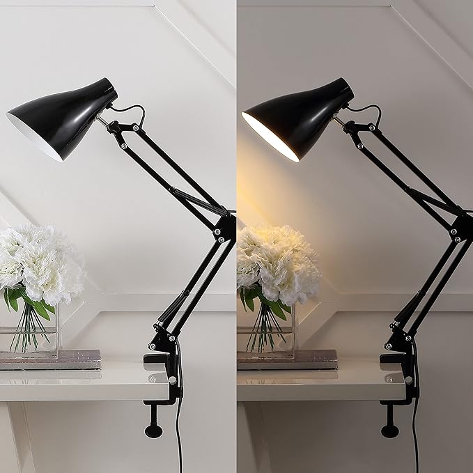 JONATHAN Y 28.5" Black Odile Industrial Adjustable Clamp-On LED Task Lamp with Metal Shade, Vintage Articulated Desk Lamp for Home Office Studio, LED Bulb Included JYL7125A