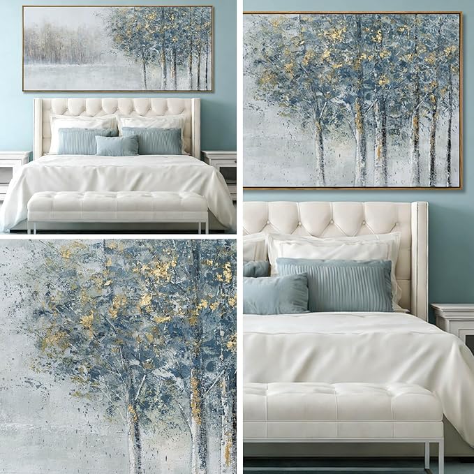 ZENPEE Blue Abstract Wall Art and Grey Tree Textured Forest Scene, 32x71 Oversized Canvas Wall Decor for Living Room Bedroom Entryway