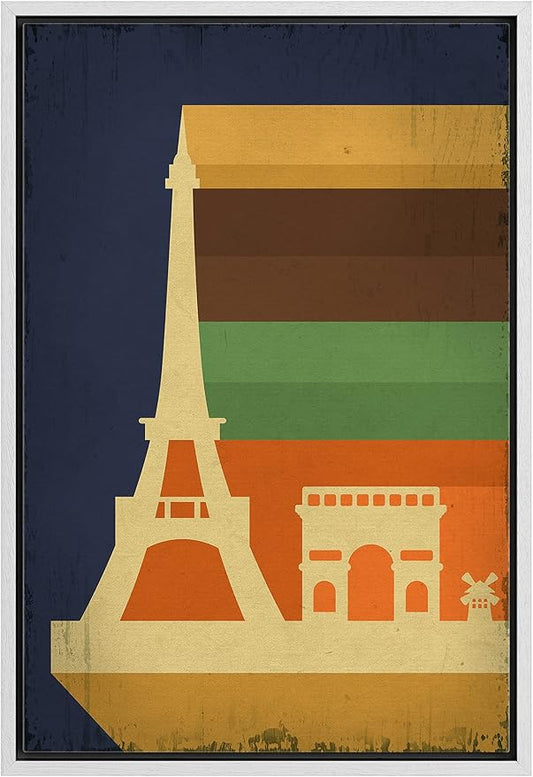 IDEA4WALL Framed Canvas Print Wall Art Retro Vintage French Eiffel Tower Poster Cultural Building Illustrations Modern Art Contemporary Scenic Warm for Living Room, Bedroom, Office - 16"x24" WHITE