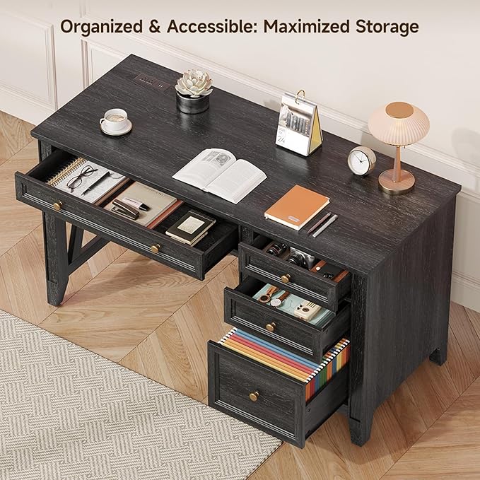 ONBRILL 54 Inch Farmhouse Executive Desk, Computer Desk with Storage Drawers & File Drawer, Modern Home Office Desk with Charging Station for Working, Studying, Writing, Brown (Black)
