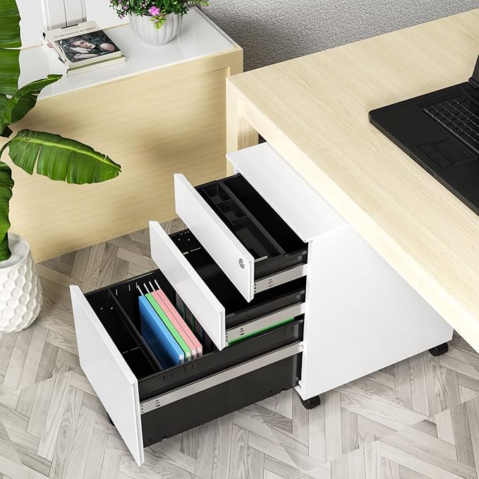 Rolling File Cabinet, 3 Drawer Locking Filing Cabinet, Under Desk Office Metal Storage Cabinet for Legal/Letter/A4 File (Fully Assembled Cabinet,White)