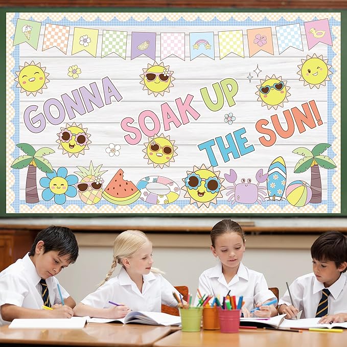 Sun Theme Bulletin Board Set Groovy Summer Classroom Decoration Gonna Soak up The Sun Sunshine Beach Cutouts for Summer School Classroom Back to School Wall Window Blackboard Whiteboard Door Decor