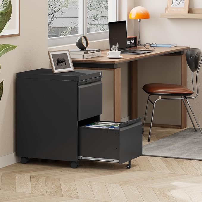 2 Drawer File Cabinet with Lock,Small Filing Cabinet for Home Office,Rolling Metal File Cabinets with Wheels for Letters/Legal/A4 Size, Assembly Required,Black