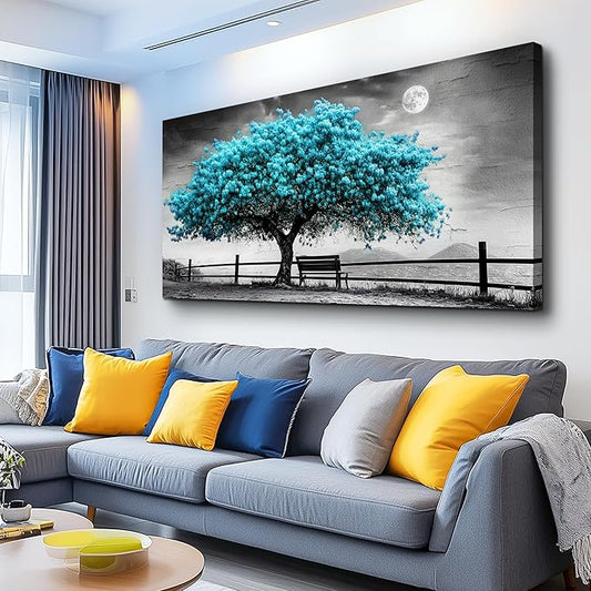 KELIYUAN Canvas Blue Tree Painting Wall Art Home Decoration Large Size Black And White Suitable For Living Room Office Bedroom Wall Decoration Printed Painting Modern Can Be Hung Directly 30x60 In