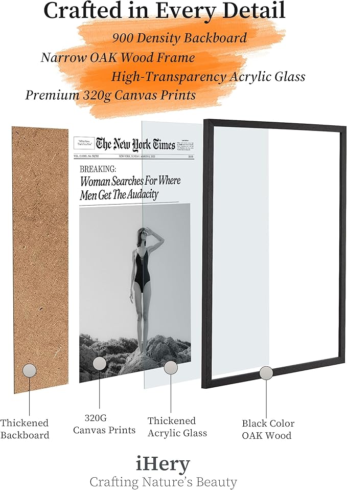 iHery Premium Small Natural Black OAK Wood 8x00in Trendy Framed Wall Art, Retro Woman Searches For Where Men Get The Audacity Canvas Wall Decor For Girly Dorm Bedroom Living Room 1Pack