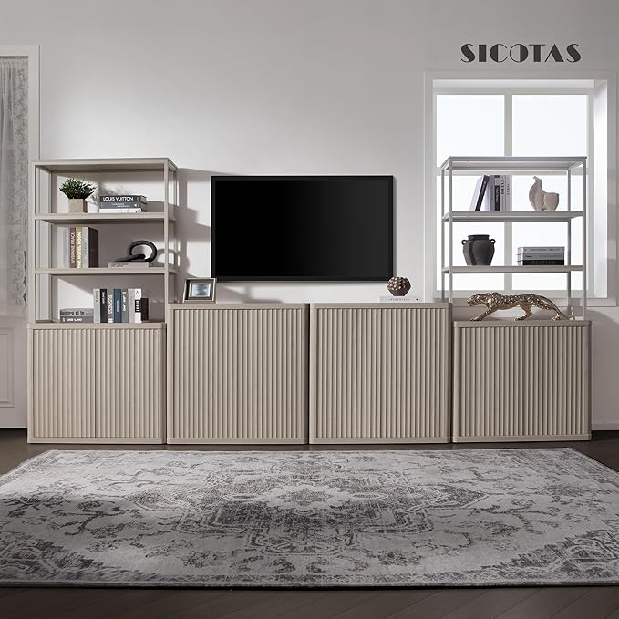SICOTAS Book Shelf Fluted Bookshelf 71" Tall Bookcase with Doors Storage 5 Tier Mid Century Modern Bookshelves Large Shelves Metal Book Cases for Living Room Office Bedroom Kitchen Library (White)