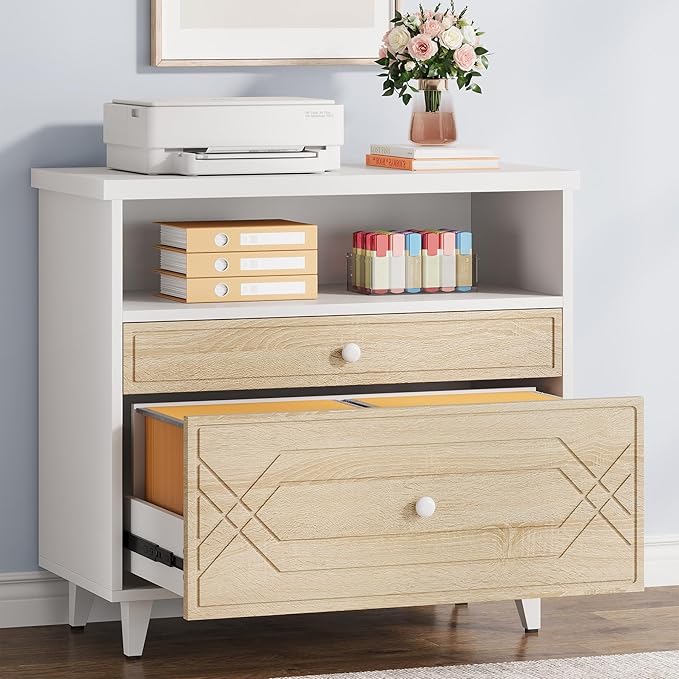 Lateral File Cabinet with Shelf, 2 Drawer Filing Cabinet for A4/Letter/Legal Size, Modern Industrial Office Storage Cabinet Printer Stand for Home Office, White and Light Brown