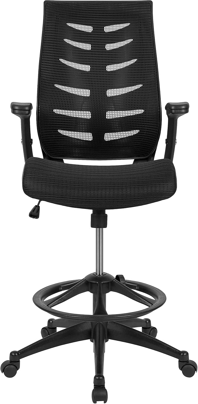 Flash Furniture Kale High-Back Ergonomic Mesh Office Chair with Flip-Up Arms and Adjustable Foot Ring, Spine-Back Tall Executive Swivel Chair, Black