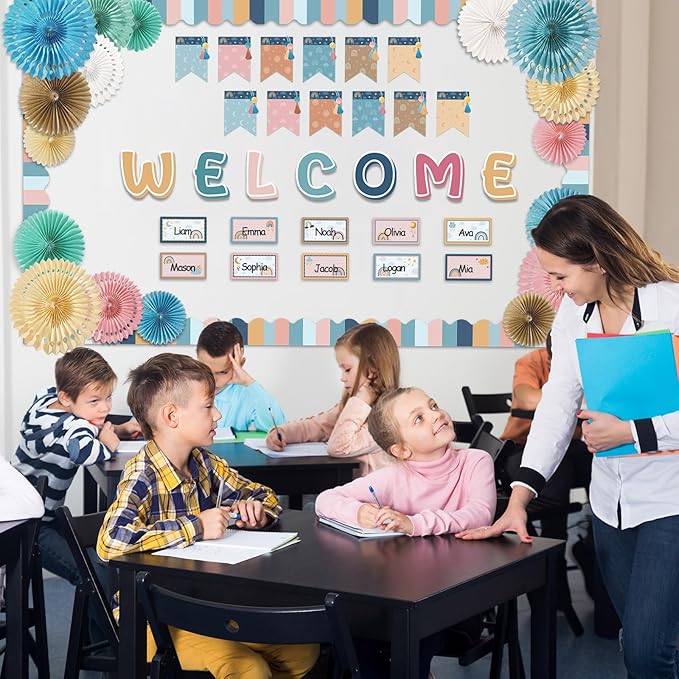 Qilery Welcome Bulletin Board Sets Welcome Back Classroom Decorations Bulletin Board Nameplate Cutout Paper Fans Banner for Back to School Chalkboard Wall Decor(Macaron)
